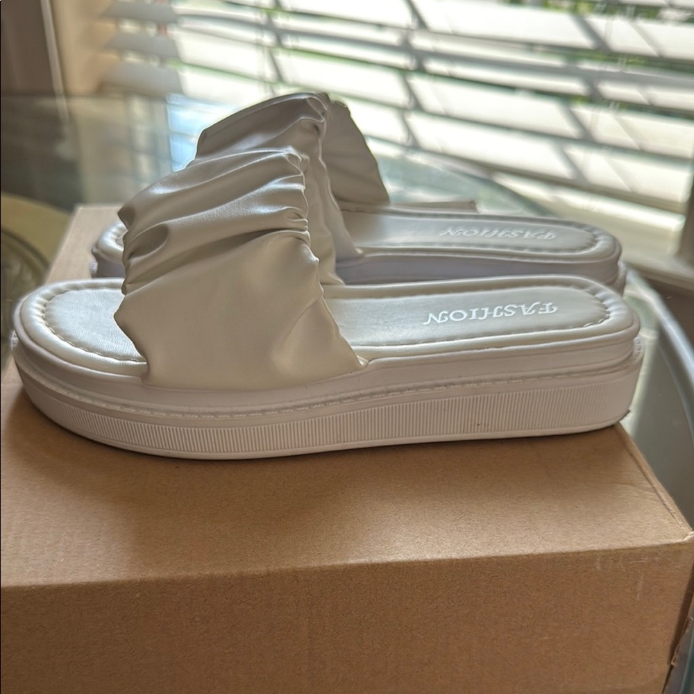 White Satin Slide Sandals - Picture 5 of 11